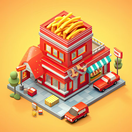 isometric fastfood building, Generative AIの素材
