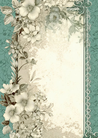 Lace embroidery vintage border background with flowers, Generative AIの素材