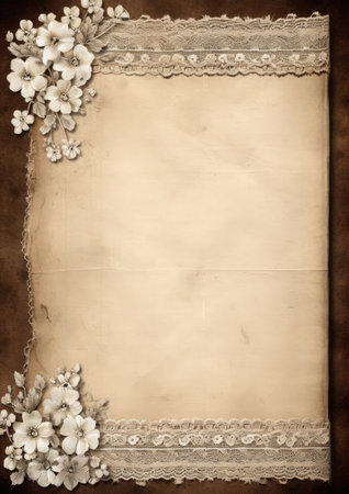 Lace embroidery vintage border background with flowers, Generative AIの素材