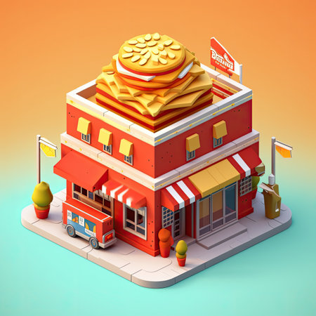 isometric fastfood building, Generative AIの素材