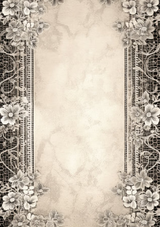 Lace embroidery vintage border background with flowers, Generative AIの素材