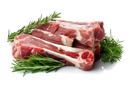 Lamb Ribs meat and herbs isolated on white, Generative AIの素材