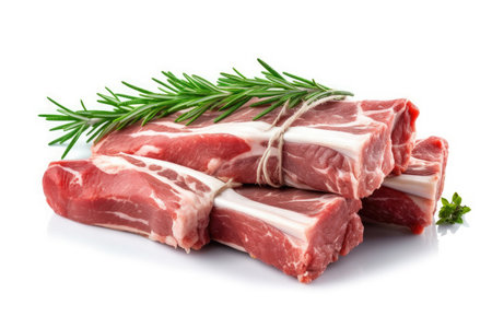 Lamb Ribs meat and herbs isolated on white, Generative AIの素材