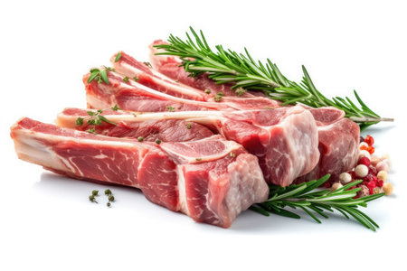 Lamb Ribs meat and herbs isolated on white, Generative AIの素材