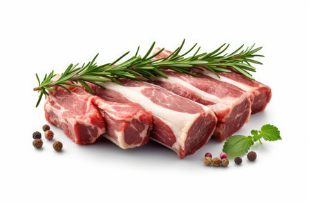Lamb Ribs meat and herbs isolated on white, Generative AIの素材