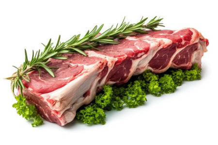 Lamb Ribs meat and herbs isolated on white, Generative AIの素材
