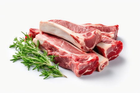 Lamb Ribs meat and herbs isolated on white, Generative AIの素材