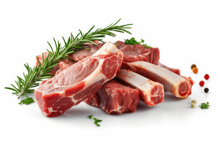 Lamb Ribs meat and herbs isolated on white, Generative AIの素材