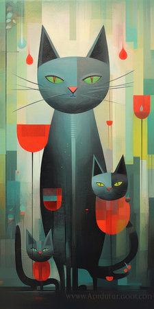 Mother Day, mother cat and her chicks babies freakishの素材