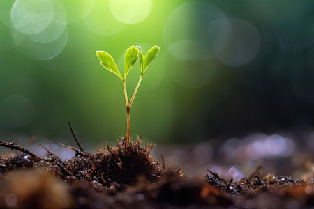 New life emerges from seed in wet spring season, a plant with water drops on itの素材