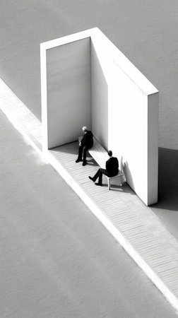 Painting of two people sitting in the middle of a line, Generative AIの素材