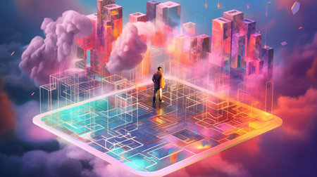 Ontology network with a picture of a man standing behind, Generative AIの素材