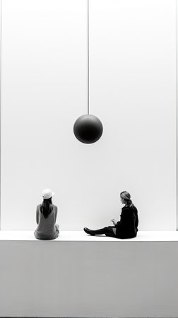 Painting of two people sitting in the middle of a line, Generative AIの素材