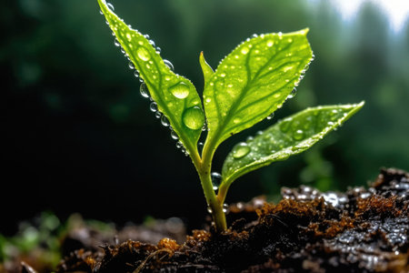 New life emerges from seed in wet spring season, a plant with water drops on itの素材