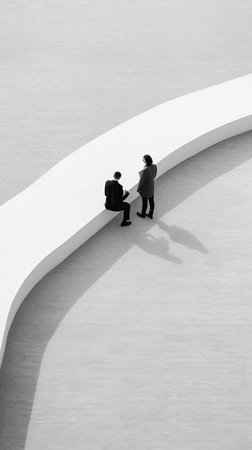 Painting of two people sitting in the middle of a line, Generative AIの素材