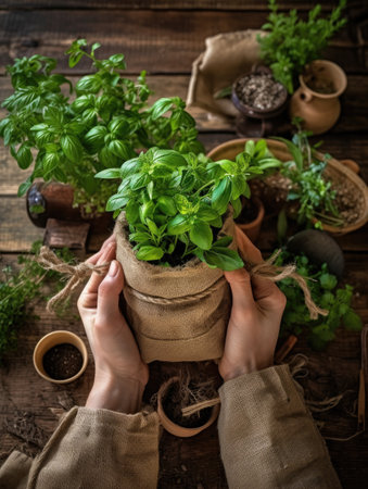 Person Holding a pot of herbs, Sustainability Generative AIの素材