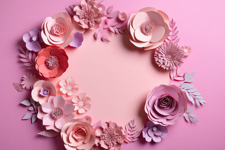 Pink paper flowers on a pink backgroundの素材