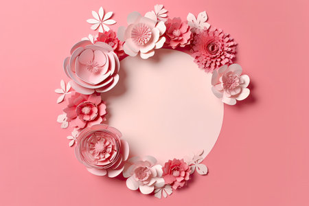 Pink paper flowers on a pink backgroundの素材
