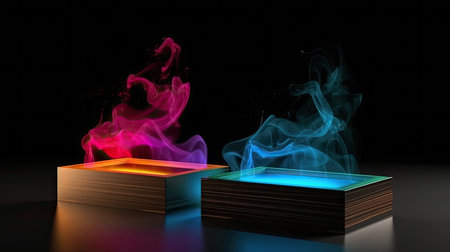 Wooden podium with colorful smoke on black background. 3D renderingの素材