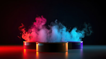 Podium, pedestal or platform with colorful smoke on dark backgroundの素材