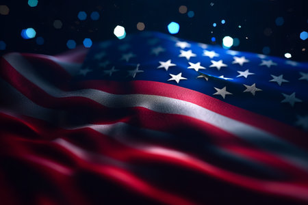American flag with bokeh effect, 3d render illustration.の素材