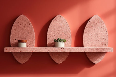 Ceramic shelves with cosmetic products on red wall. 3d renderingの素材