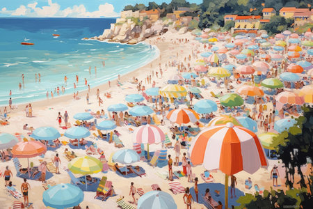 Summer beach scene with colorful umbrellas, Generative AIの素材