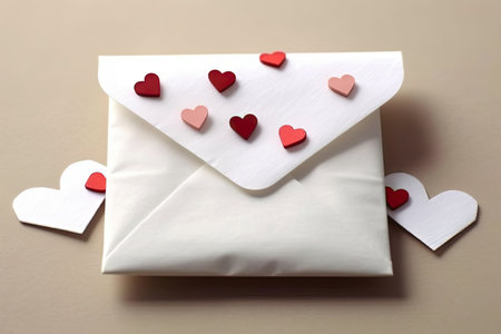 A white envelope with a heart - shaped lid is filled with a small amount of red heartsの素材