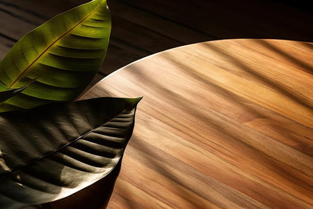 Wooden table with banana leaf on it in the morning light.の素材