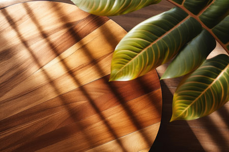 Wooden table with tropical leaves. Flat lay, top view.の素材