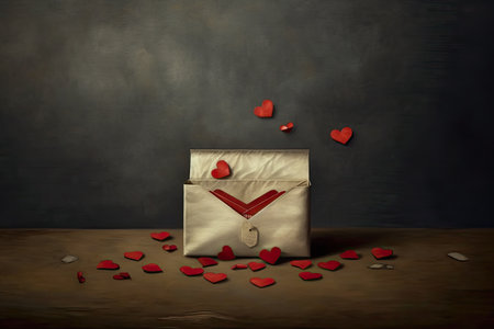 A white envelope with a heart - shaped lid is filled with a small amount of red heartsの素材