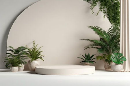 Abstract minimal scene with white podium and green plants. 3d renderの素材