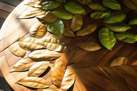Leaves on a wooden table in a restaurant. Close up.の素材