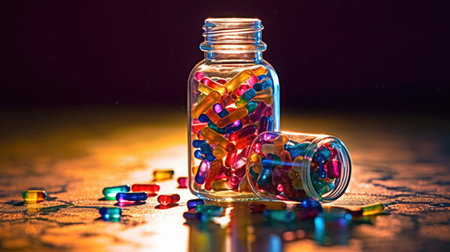 Medicine bottle spilling colorful pills depicting addiction risk, AI Generatedの素材
