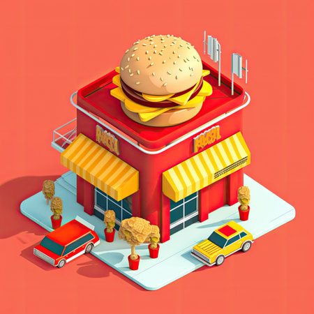 isometric fastfood building, Generative AIの素材