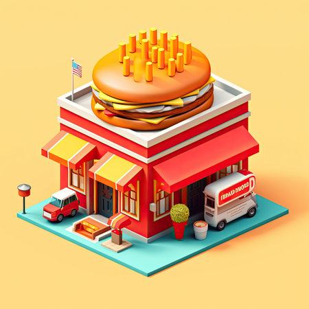 isometric fastfood building, Generative AIの素材
