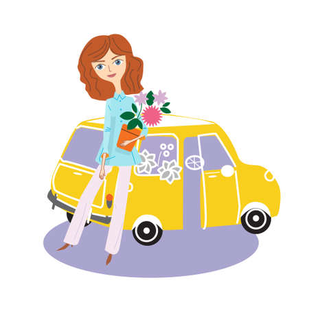 PrintRomantic girl near a retro car with flowersのイラスト素材