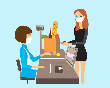 Supermarket character women shopping in a supermarket. Woman Cashier At Supermarket.Work in a pandemicのイラスト素材