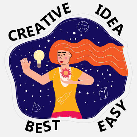Young smart girl solving problem, thinking with idea bulb lamp. Creative character female with fun moodのイラスト素材