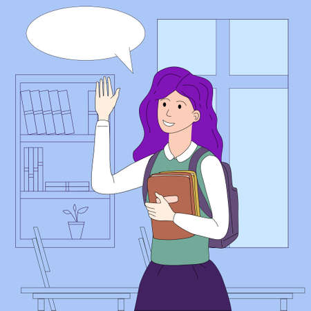 Happy young girl standing with books. College or university student with buble. Concept vector illustrationのイラスト素材