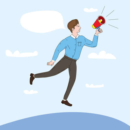 Young business man makes an announcement through a megaphone flying. Advertising, promotion of...