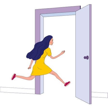 Running girl dressed in yellow dress with blue hair run in open door. Solution of problems, search for exit metaphorのイラスト素材