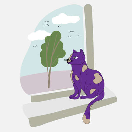 Purple cat sits on the windowsill looks out the window at the landscape, tree, street, birds. Vector illustrationのイラスト素材