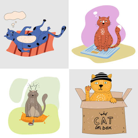 Set cute cats sitting, playing, in the paper box. Stickers, banners, poster, cartoon flat style...