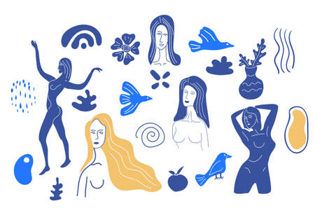 Set modern women portrait, abstract shape, nudes, body, flora. Vintage, retro art trendy art style doodleのイラスト素材