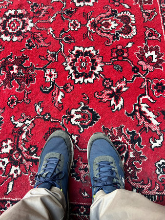 Blue Shoes on Red Oriental Carpetの写真素材