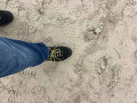 Persons foot in a sneaker steps onto soft sand