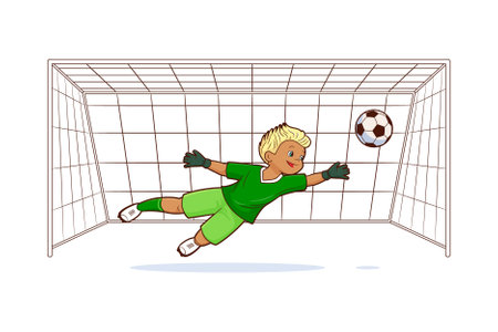 The goalkeeper is a football player, stands at the goal and waits for the ball to be served. Vector flat isolated illustration in cartoon style on the theme of football and sportsのイラスト素材