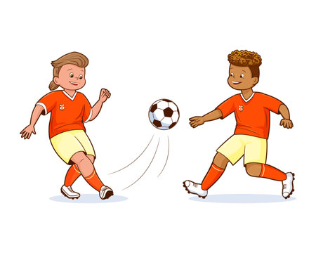 Teenage soccer players dressed in orange t-shirts and pants kicking soccer ball isolated vector, flat, cartoon style, comicのイラスト素材