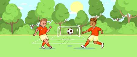 Football teenage players kicking soccer ball green soccer field background vector, flat, cartoon style, comicのイラスト素材